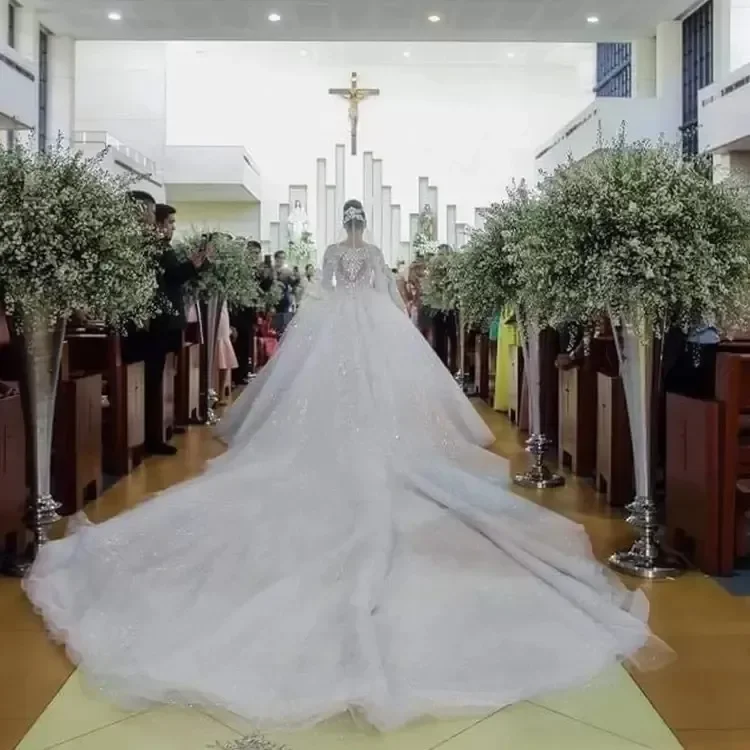 Personalizado feito sob encomenda princesa projetos bola vestidos de casamento manga longa frisado vestidos de noiva novia mariage