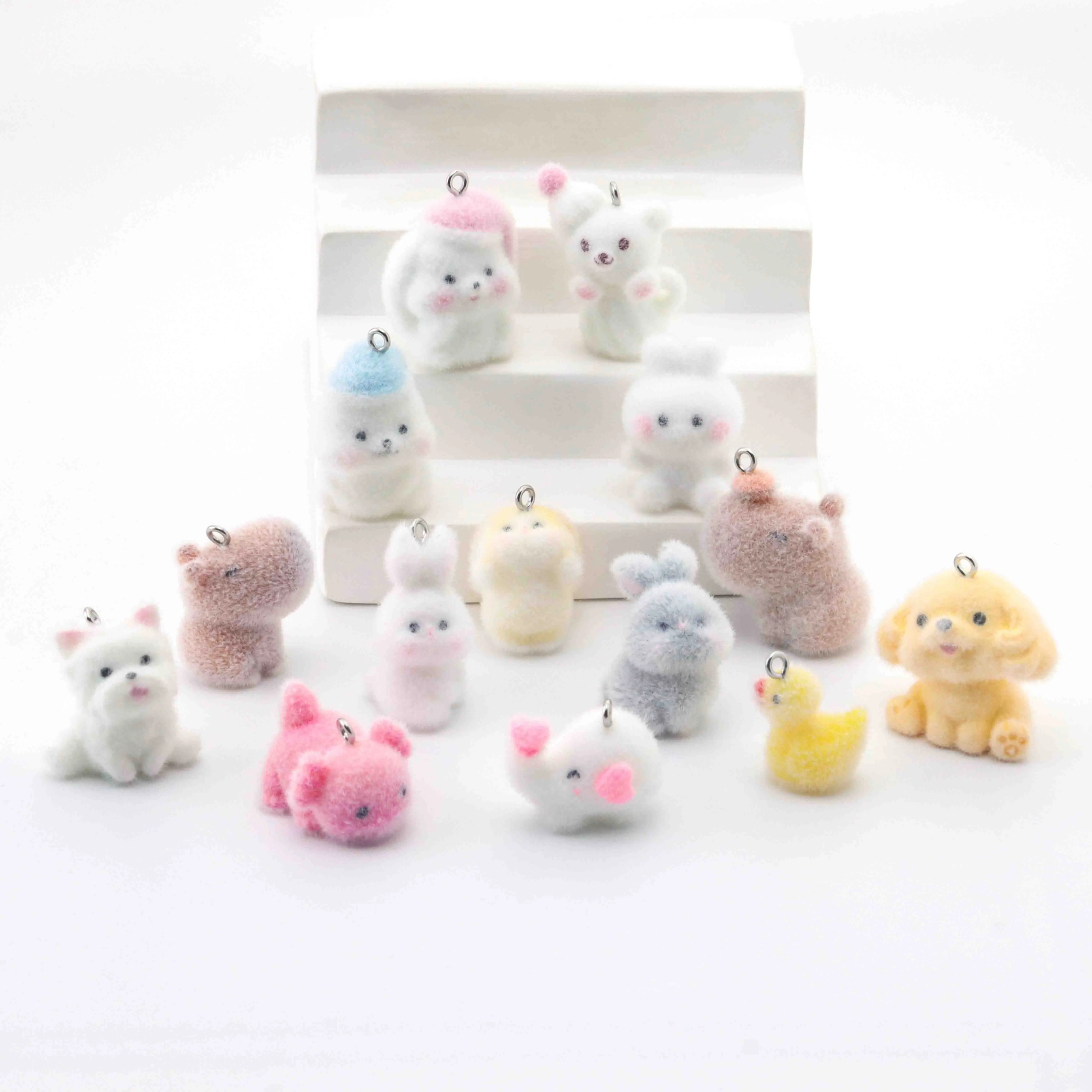 

14PCS Plush Rabbit Elephant Charms Capibara Flocking Resin Pendant for Jewelry Making Diy Earring Keychain Accessories Material