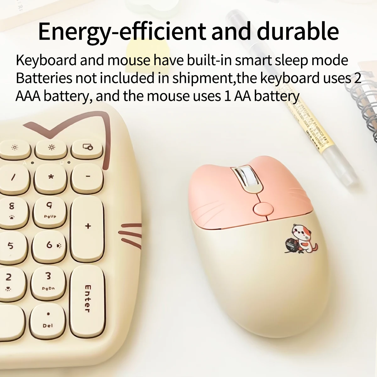 GEEZER اتصال لاسلكي لطيف على شكل قطة مختلط الألوان أغطية مفاتيح مريحة من Miaomeng PLUS مجموعة لوحة المفاتيح والماوس