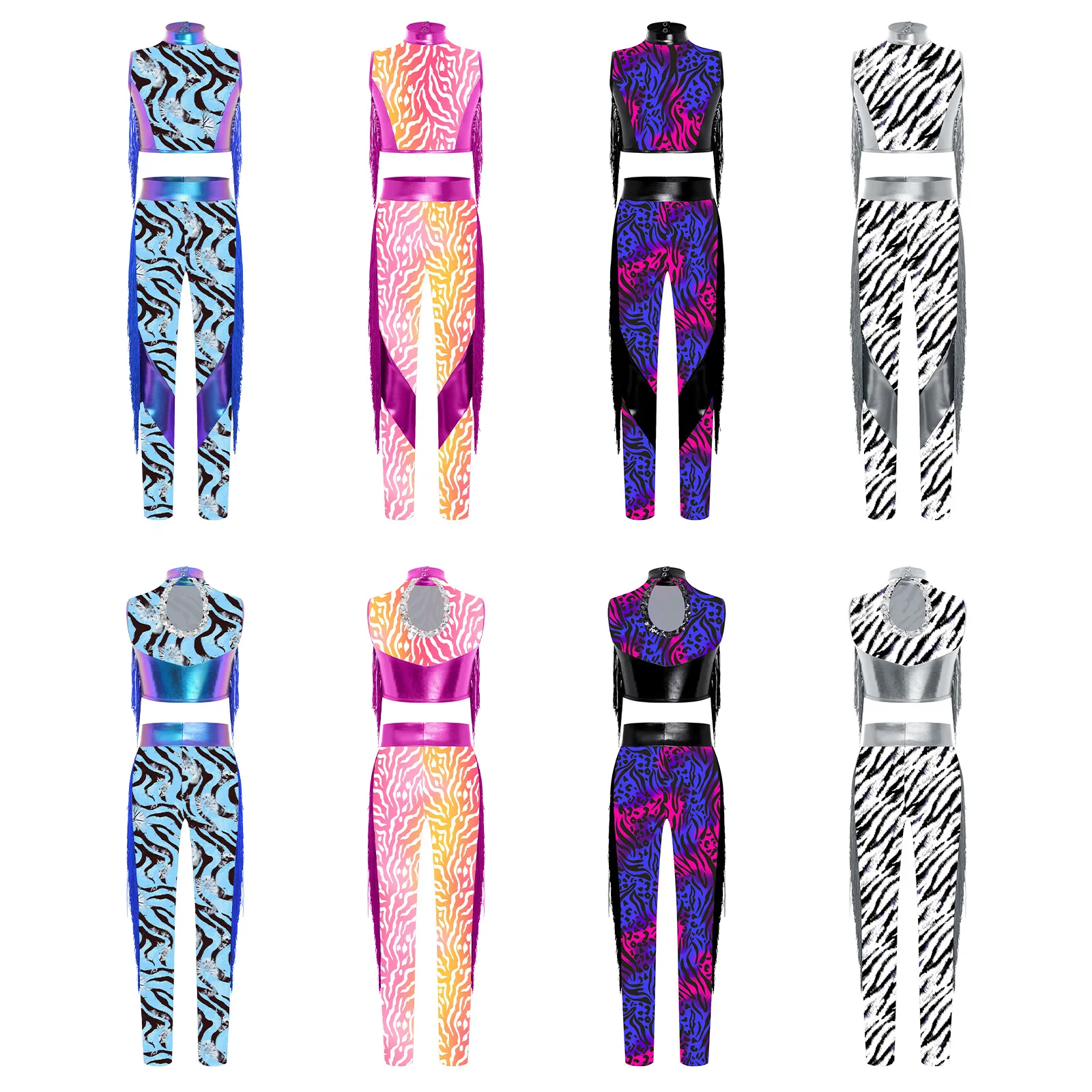 Traje de patinaje artístico para actuación de baile de Jazz y Hip Hop para niñas, traje de baile con borlas metálicas, Top corto y mallas con abertura en la espalda