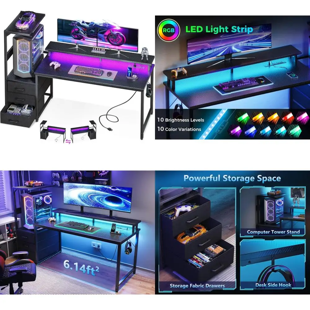 

59 LED Gaming Desk with USB Ports, Storage & Monitor Stand - Modern Computer Desk