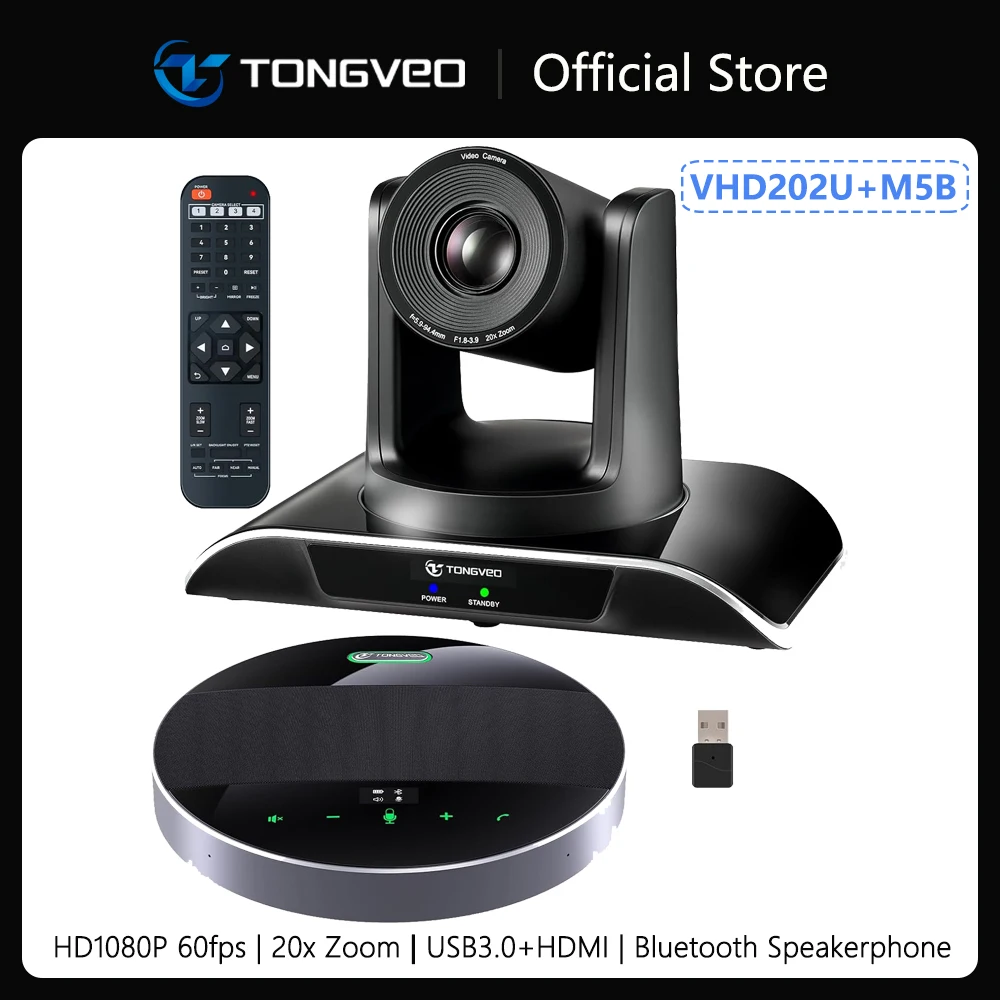 TONGVEO 20x Zoom Conference Room Camera System All-in-one Video and Audio Conferencing System PTZ Camera and Bluetooth Speaker