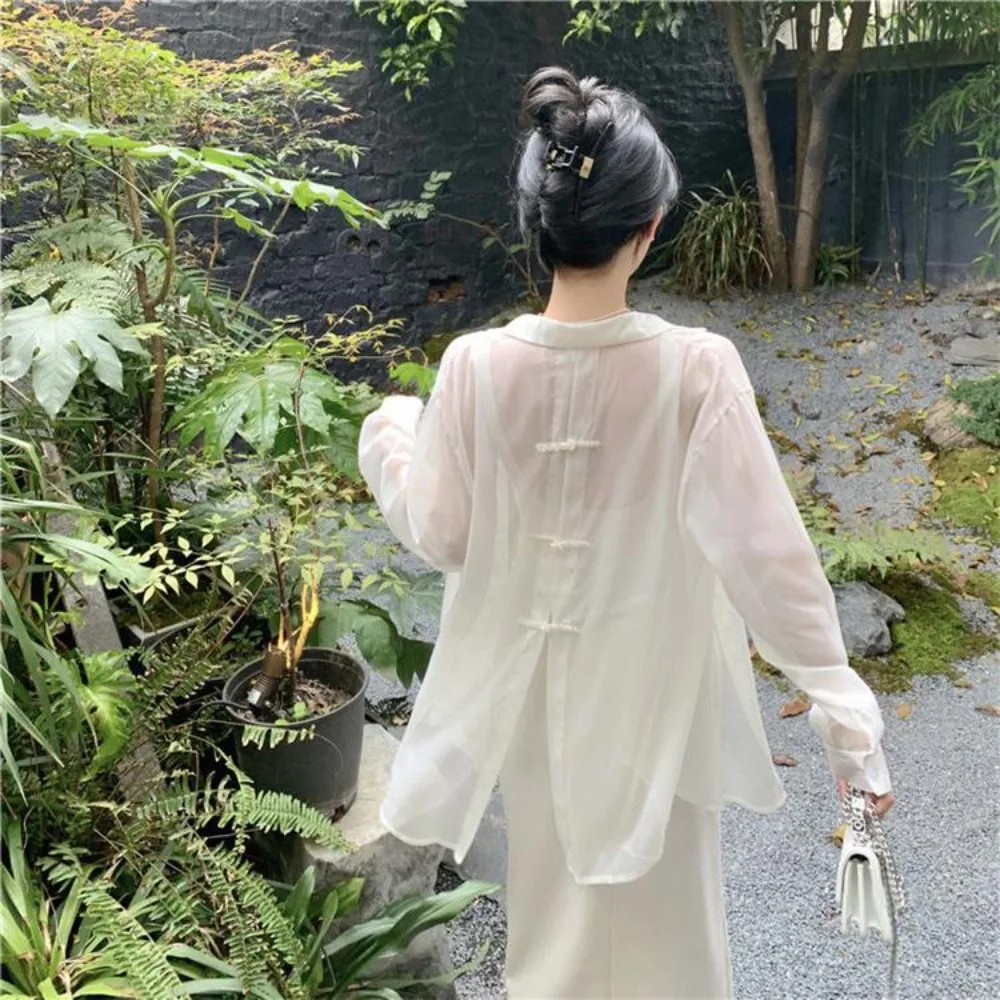 

Casual Transparent Sun Protection Clothing Long Sleeves Beach Wear Chiffon Cardigan Tops V-neck Sweet Blouse for Women Beach