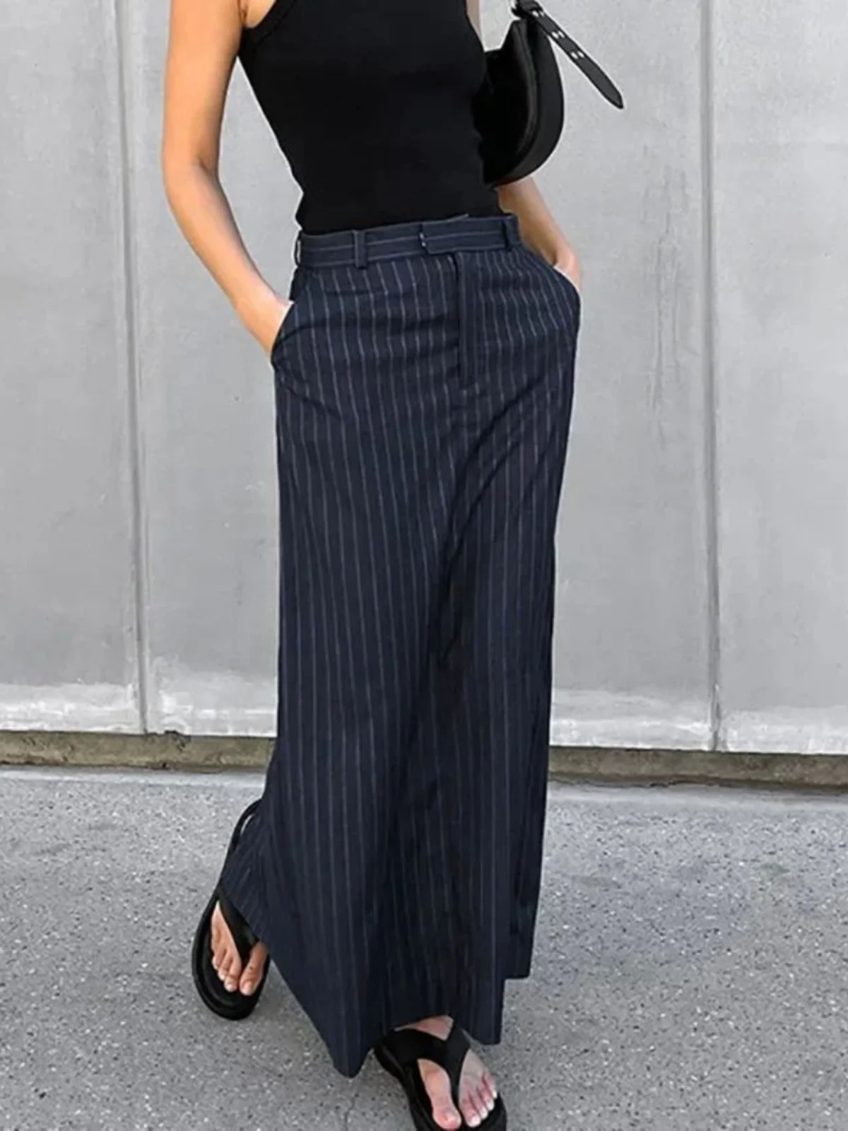 

Street Sle Striped Slit Straight Tube Skirt for Women Midi Length Slim Fit Long Skirts Autumn Season H-ape