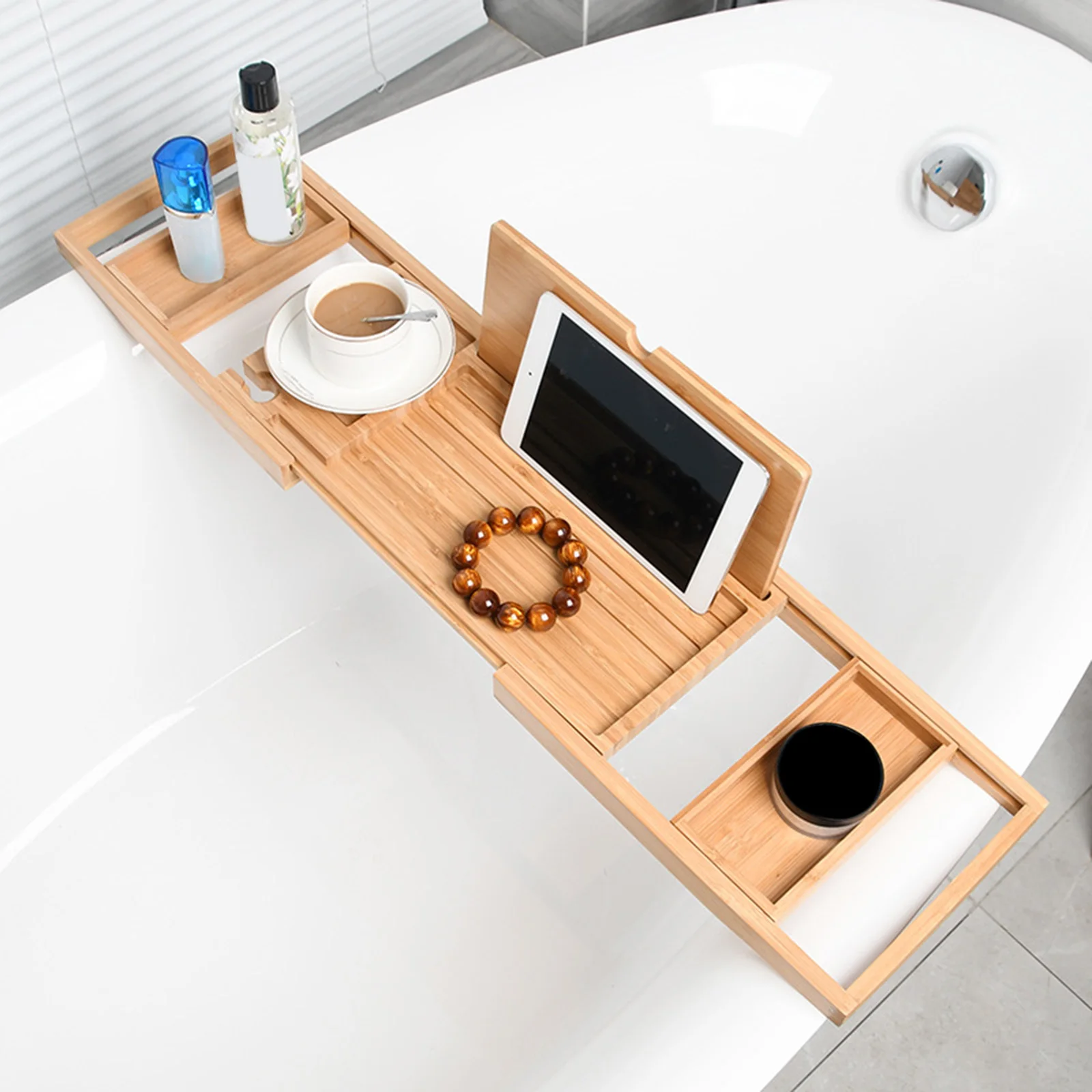 1 Piece Expandable Wooden Bathtub Caddy Tray Soap Dish Wine Tablet Holder Adjustable Bath Tub Table Organizer for Bathroom