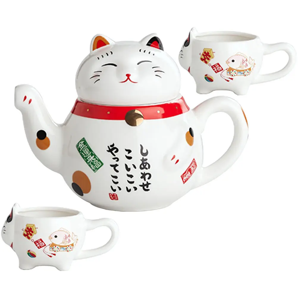 1Set Lucky Cat Teapot Set Ceramic Tea Making Pot Smooth Surface Premium Craftsmanship Portable Compact Travel Tea Set Home Use