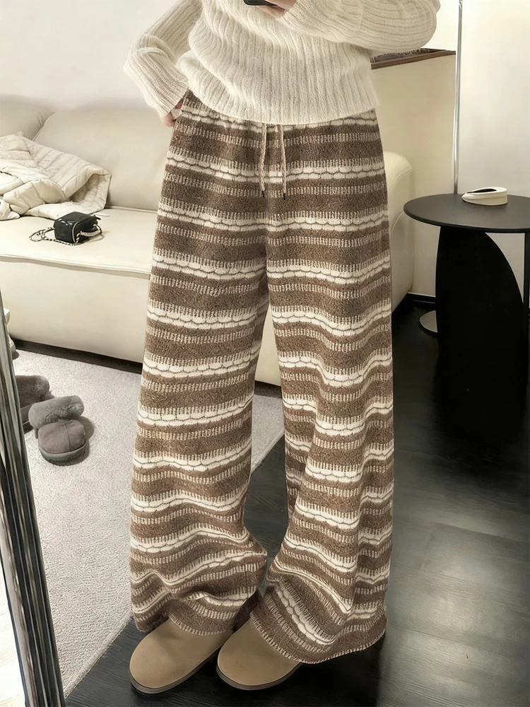 페어 아일 니트 와이드 레그 팬츠 여성용 겨울 루즈핏 기모 안감 트위드 스트라이프 캐주얼 스트레이트 레그 바지