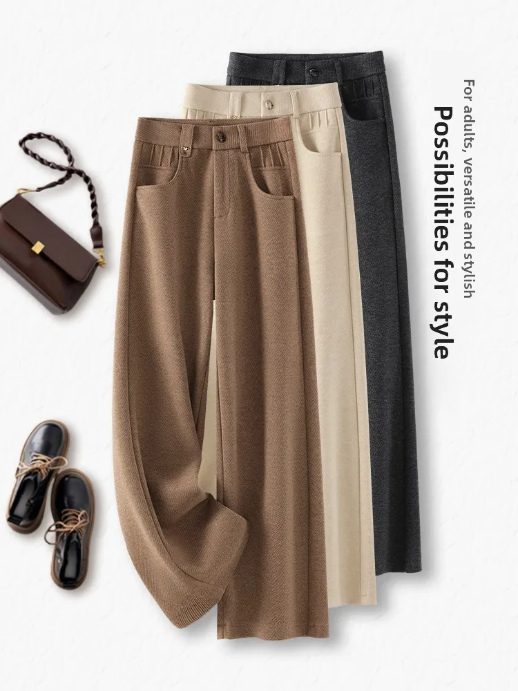 

Women's Woolen Wide Leg Pants Autumn Winter Thickened Acetate Wool Straight Cut Casual Trousers High Waist Commute Style