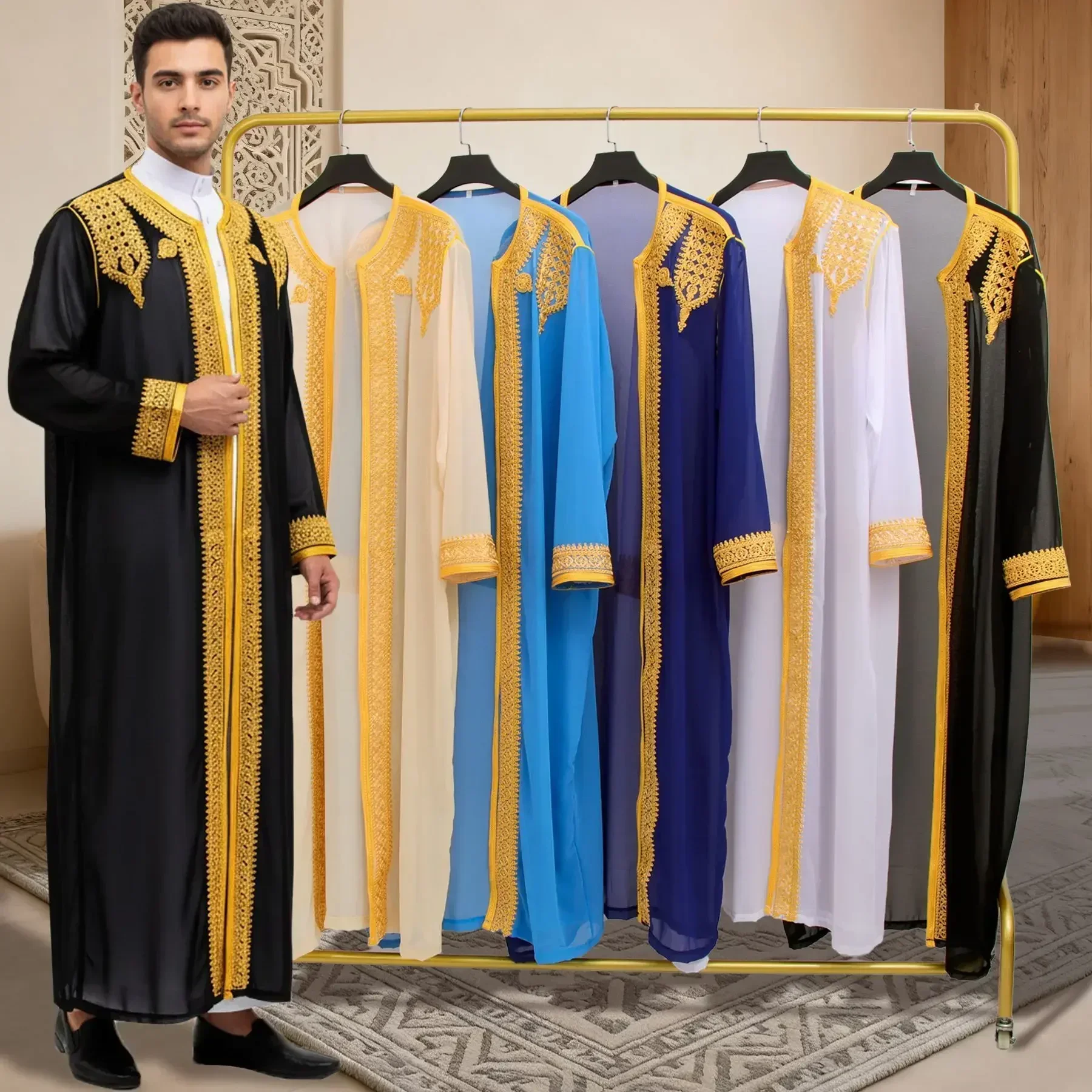 Traditional Arab Men's Robe Thobe Embroidered Dress Middle Eastern Ethnic Jubba Thobes Eid Djellaba Kimono Abaya Thoub Dishdasha
