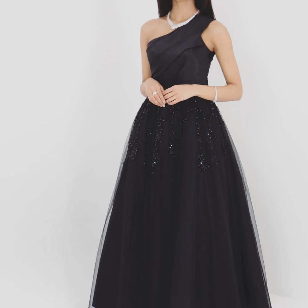 

CustomizedGraceful Black Tulle Beading Sequined One Shoulder Evening Dresses Sleeveless A-Line Custom Made Floor Length Party Pr