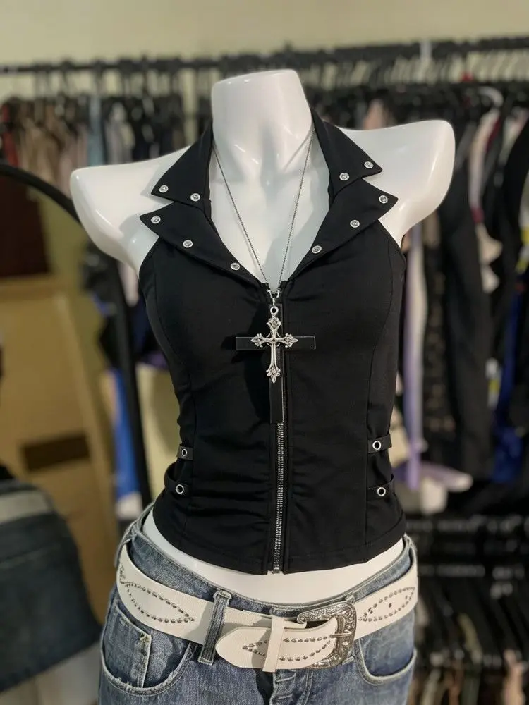 Kimotimo Women Black Halter Vest Top Dark Style Lapel Collar Rivet Detail Zip Up Slim Fit Sexy Sleeveless Top