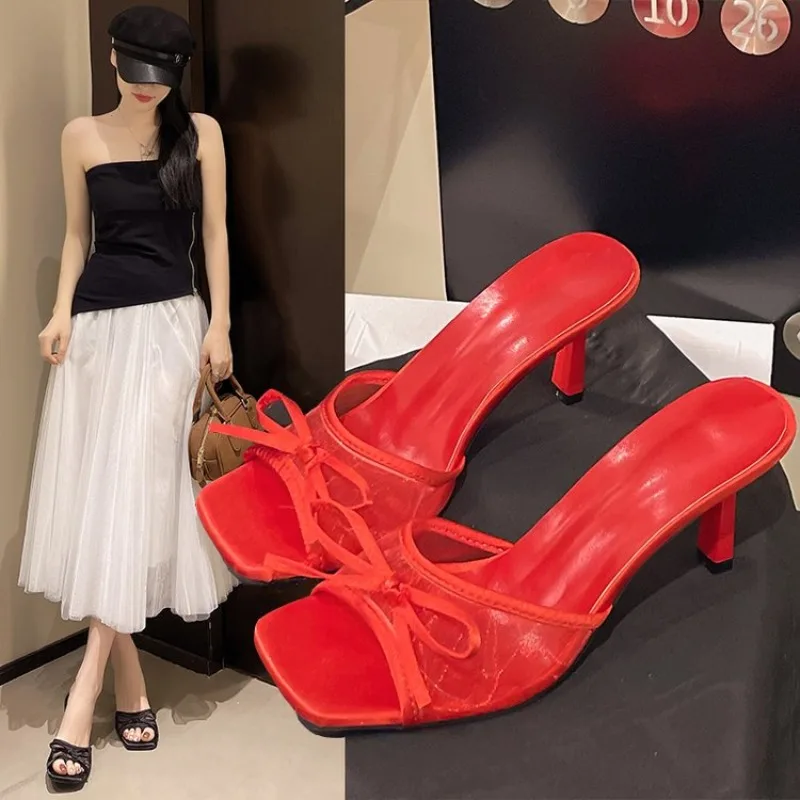 

Women Heels Sandals Fashion Heel Slippers Lace Mesh Bow Luxury Sandals Zapatos De Mujer Plus Size 43 Versatile Simple Slim Heel