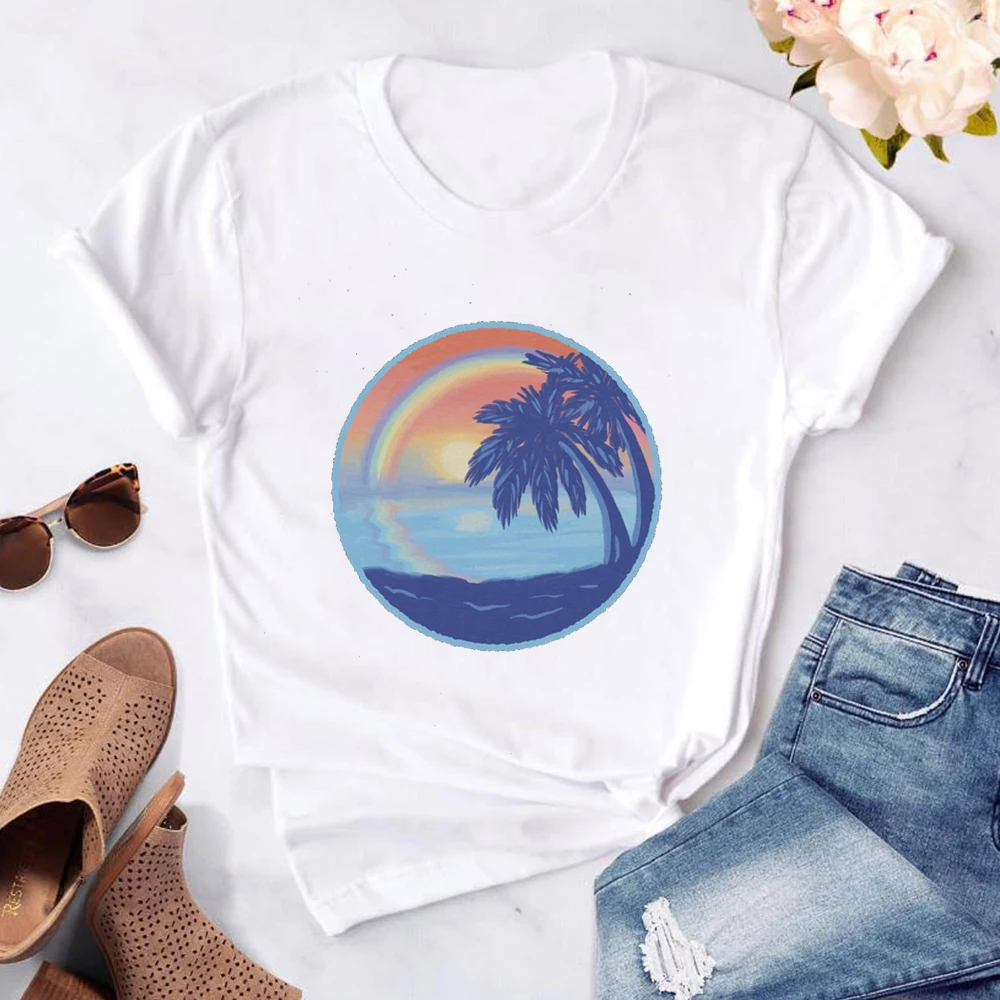 

Seeyoushy Rainbow Sea Coconut Print 2023 Summer New Women's T-shirt Women's Top Casual Holiday Y2K Trend Women's Clothing Acotar