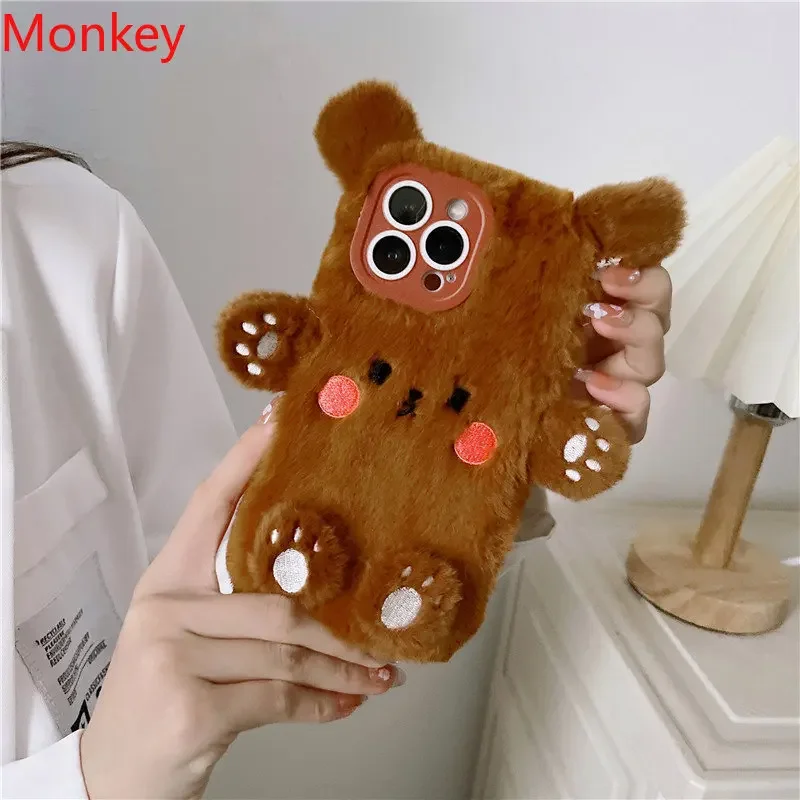 Cute Bear Soft Fluffy Plush Phone Case For iPhone 17 16 Pro Max 15 14 13 12 11 XS XR 7 8 Plus Autumn And Winter Shockproof Cover view 3