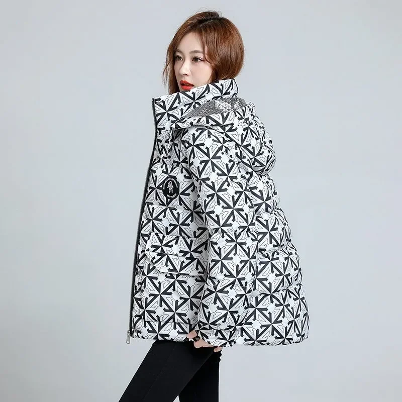 Autumn Winter Down Cotton Jacket Women 2023 New Fashion Loose Thicken Warm Coat Hooded Zipper Pocket Printing Outerwear Female