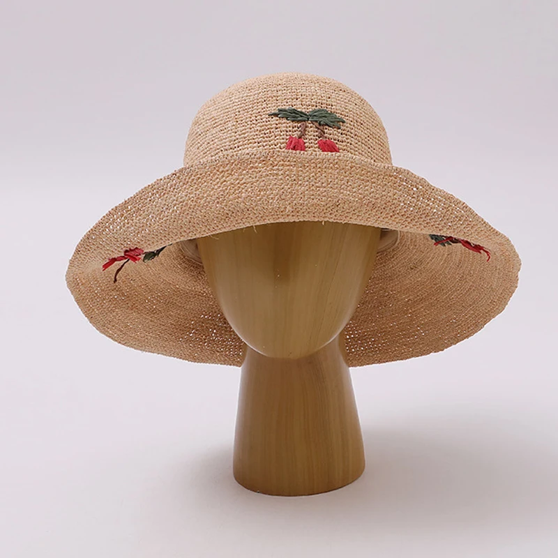 Sun Hat Women Summer Raffia Cherry Cap Sunshine Protection Accessory Big Brim Foldable For Beach Holiday Outdoor Climb Luxury
