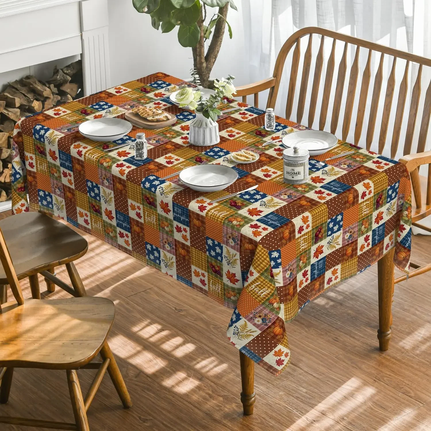 Autumn Maple Leaf Pumpkin Plaid Patchwork Tablecloth for Table Decor Fall Harvest Kitchen Dining Table Cloth Thanksgiving Decor