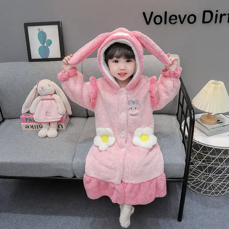 Kawaii Sanrio Cinnmoroall Cartoon Pajamas Nightdress Nightgown Plus Fleece Thick Coral Fleece Keep Warm Cute Children Night Gown