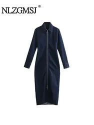 TRAF 2023 Autumn Women's Fashion Denim Dress Long Sleeve Slit Zipper Style Long Dresses Going Out Casual Female Dress Y2K