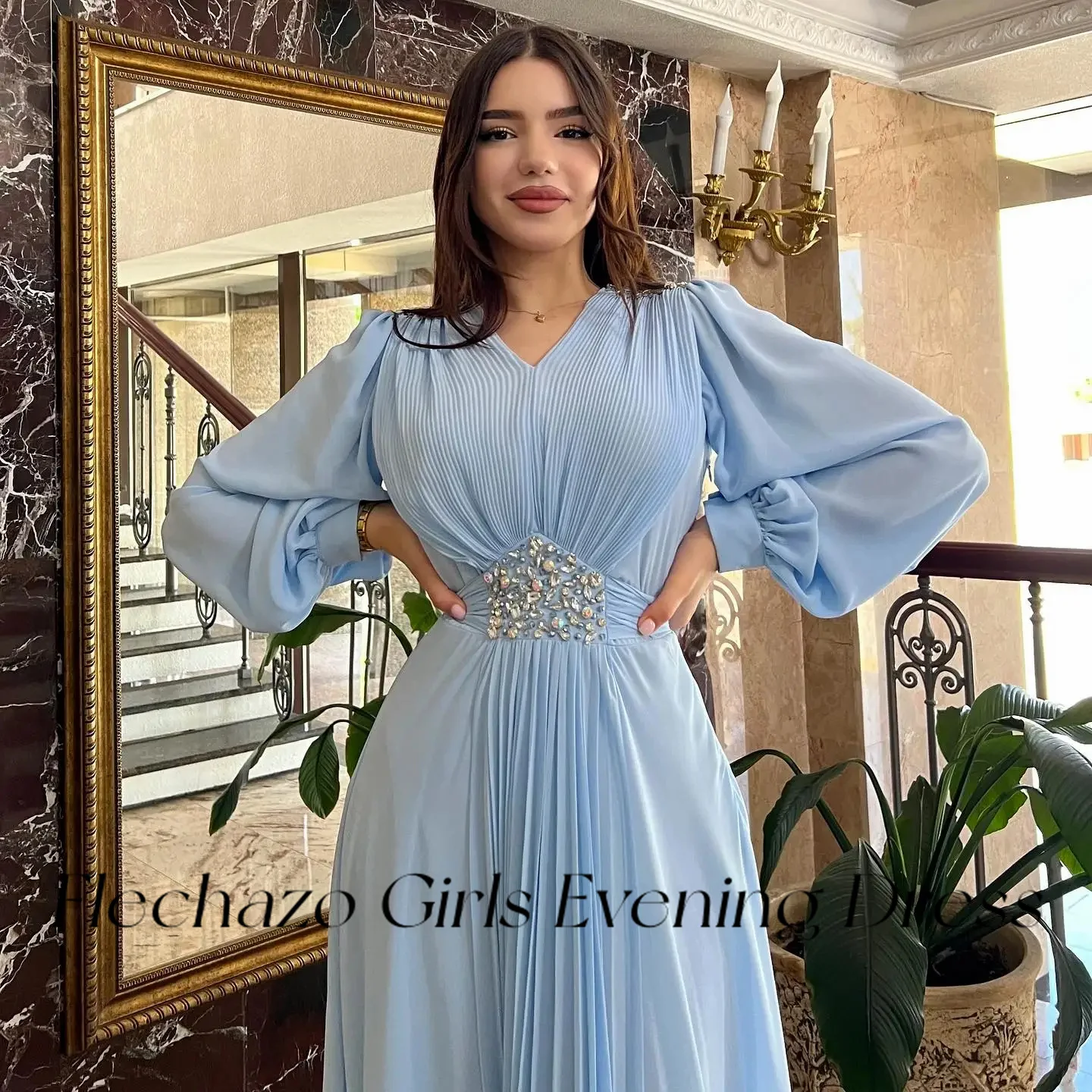 Flechazo Light Blue Chiffon Evening Dress V Neck A Line Pleat Floor-Length Birthday Party Gown Customized Women robe de soiree