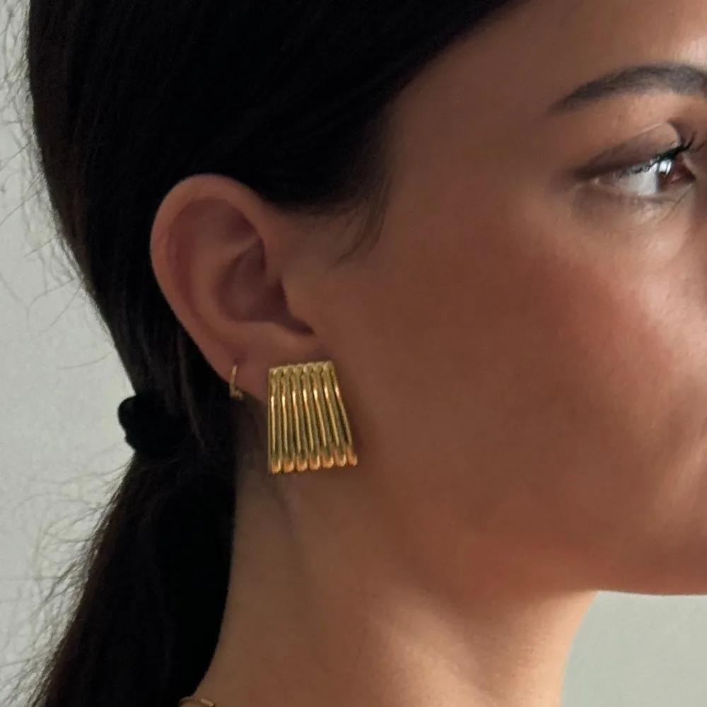 Vintage Stainless Steel Trapezoid Square Wing Geometric Stud Earrings for Women 18k Gold Plated Striped Pleated Texture Jewelry