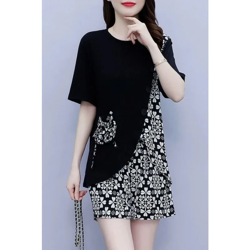 

Womens Floral Print Patchwork Two Piece Set Loose Casual Short Sleeve Top And Shorts