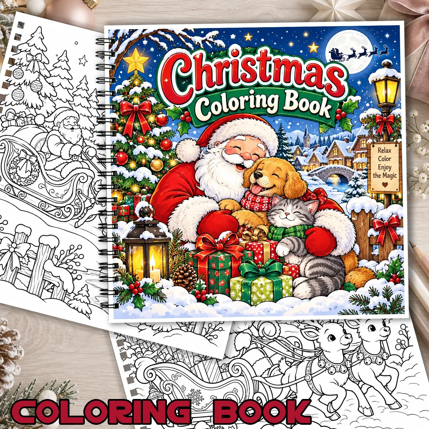 Christmas Coloring Book Spiral Bound Santa Claus Snowy Village Scene 24Pages Showcasing Creativity & Relaxing Art Activity