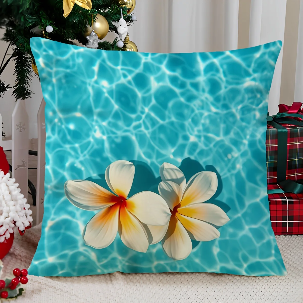 1pc 2D Flat (Pillow Not Included) White Frangipani Pool Water Cushion Cover Short Plush Tropical Summer Decor Pillow Case