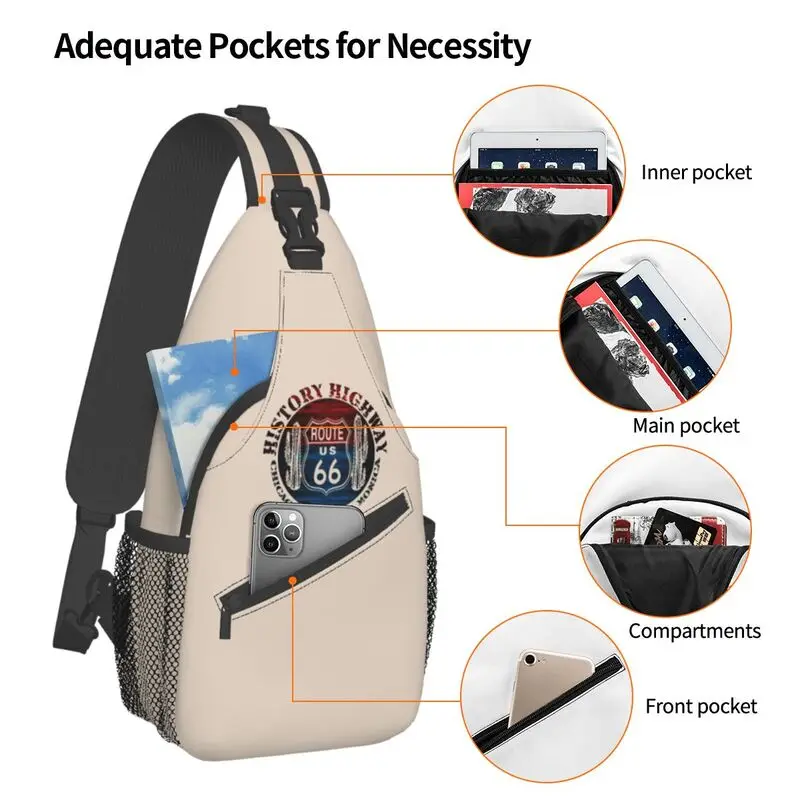 Route 66 America Road torba z paskiem do zawieszenia na piersi w stylu Vintage plecak na ramię Crossbody dla mężczyzn na rowerze Camping Daypack