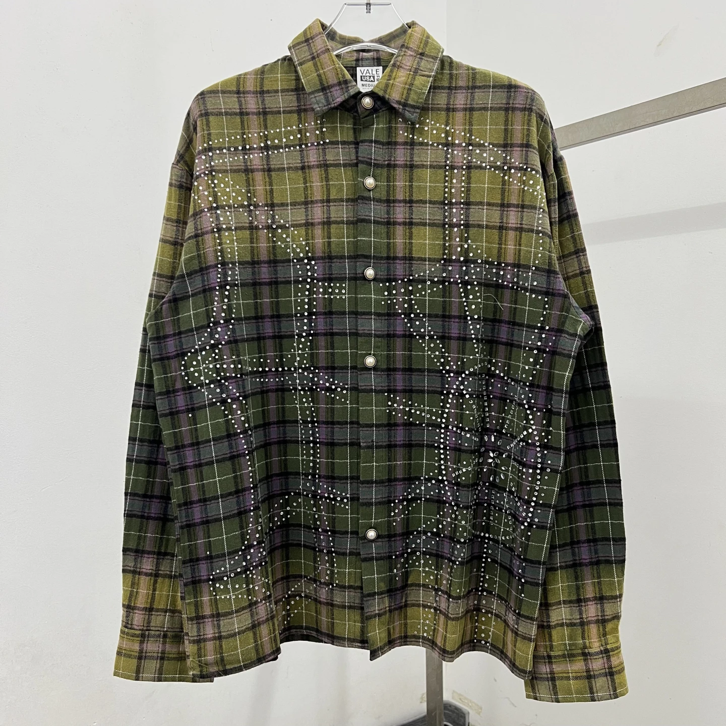 

VForever American Retro Rhinestone adient Plaid Loose Long Sve Pure Cotton irt for Men And Women Spring Autumn