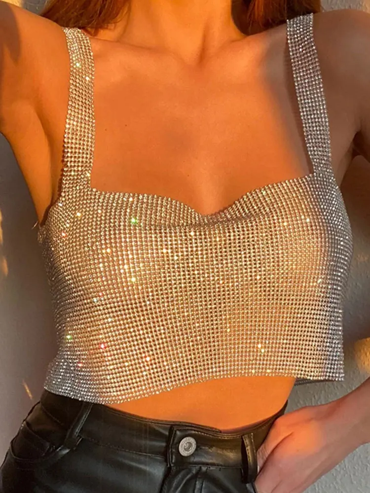 Top cropped com strass para mulheres, camisola monocromática com diamantes e lantejoulas completos, alças sem costas na moda para festa, 2020