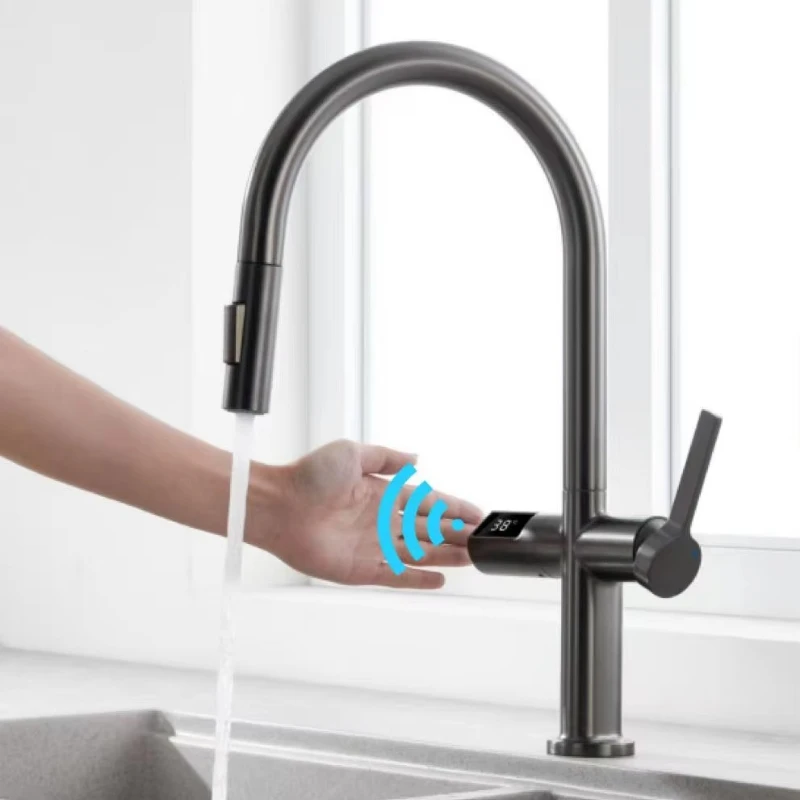 Smart Touchless Sensor Pull-Out Kitchen Faucet Mixer Faucet Stainless Steel Digital Temperature