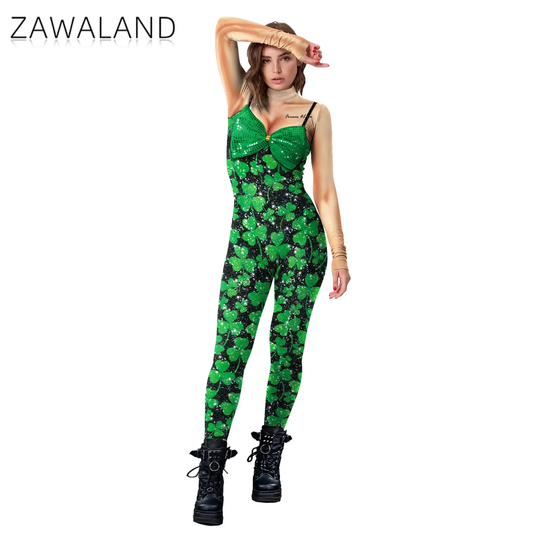 Zawaland Saint Patrick's Day Jumpsuits Lucky Grass 3D Print Woman Bodysuit Costume Party Cosplay Costumes