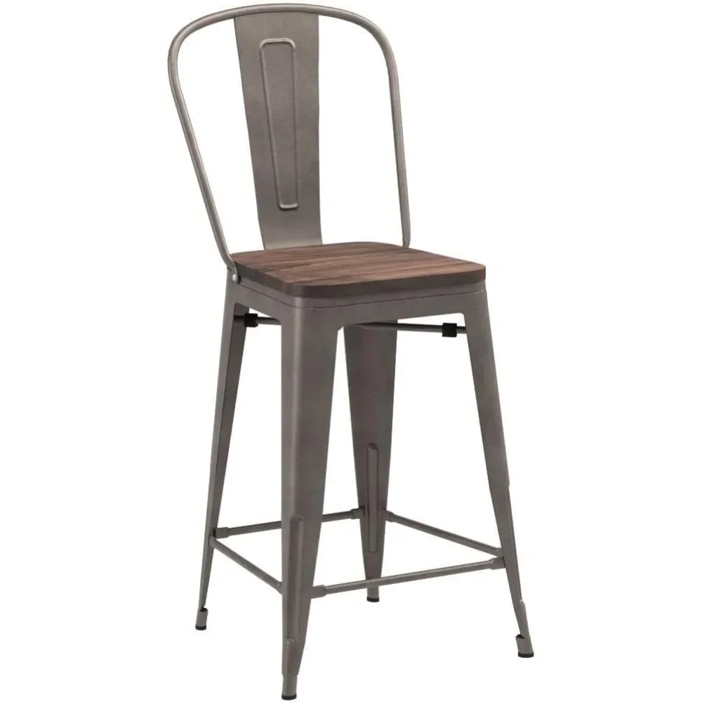 

Set of 4 Industrial Bar Stools - 26" Counter Height with High Back, Large Wooden Seat & Metal Frame - Rustic Kitchen Stools​