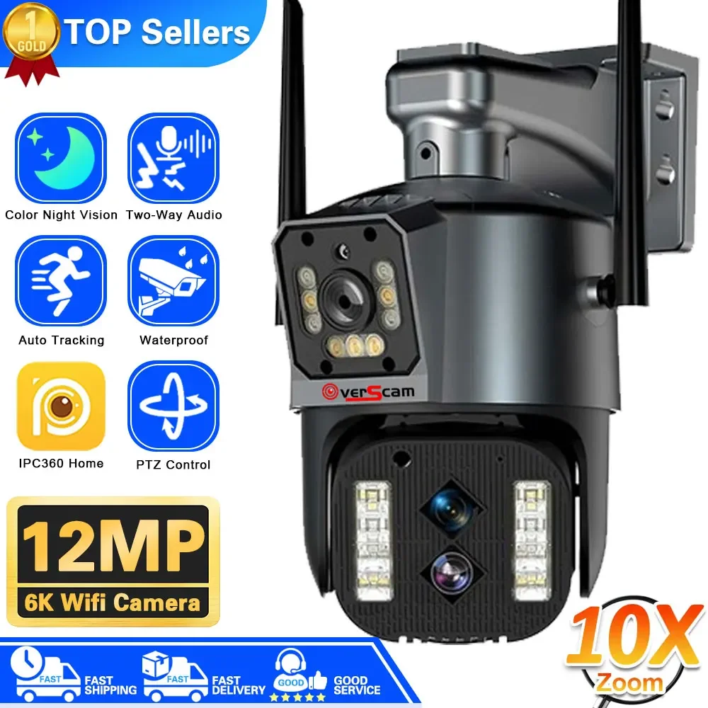 

12MP 6K HD WiFi IP Camera Outdoor 10X Zoom Three Lens Dual Screen PTZ Cam Auto Tracking 8MP Security Video Surveillance CCTV