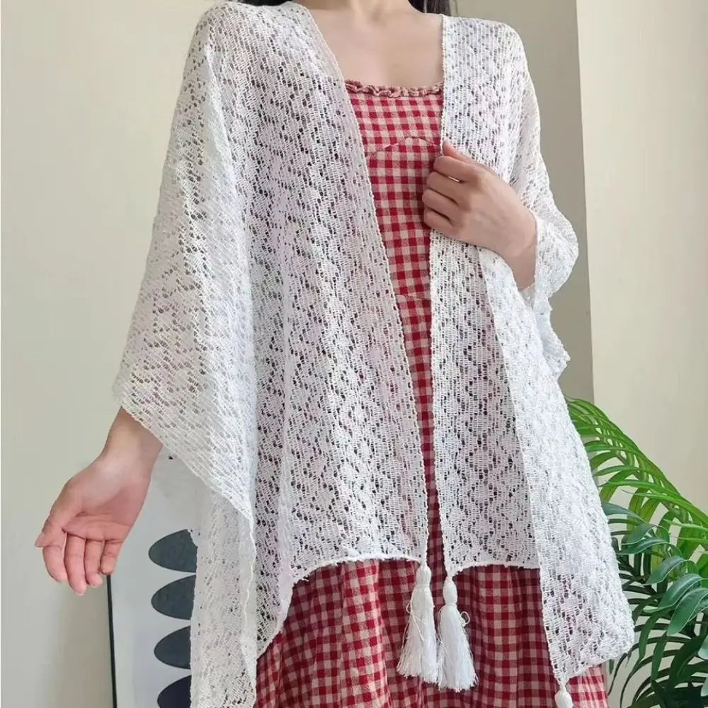 Fashion Elegant Ethnic Style Tassel Shawl Colorful Hollow Sunscreen Crochet Cardigan Retro Thin Beach Scarf Outdoor