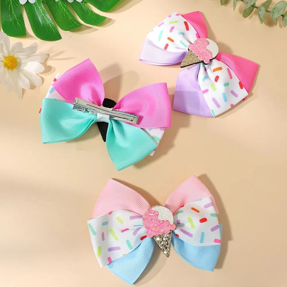 10PC of 5 Styles Cute Ice Cream Bow Hair Clips Grosgrain Ribbon Hair Clips for Girls Kids Hair Accessories Headwear Hair Pin