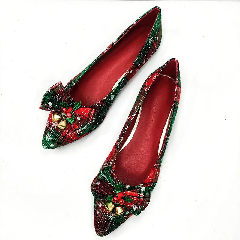 2022 Winter Christmas Shoes Girl\'s Flats with Tinkle Bells Holiday Shoes Red Plaid Women Shoes Size 33-44 Slip on Easy to Wear