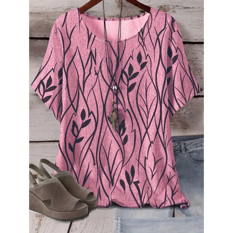 

Plus Size New Women's Top Casual Leaves Print T-shirt Ladies Fashion Vintage Women Tops