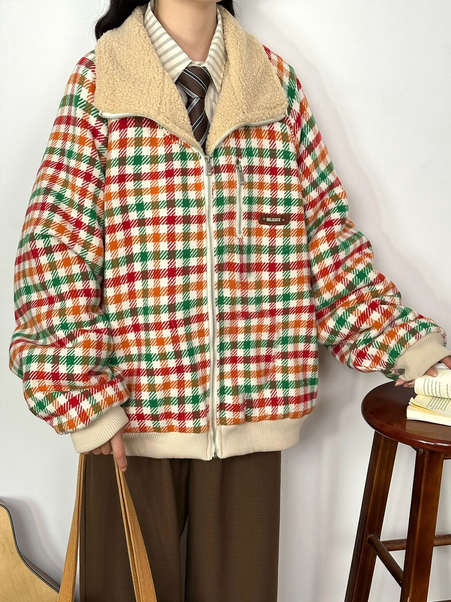 

Утепленная зимняя куртка на молнии для женщин, в клетку, свободного кроя, с длинными рукавами, без капюшона, для возраста 8-24 лет