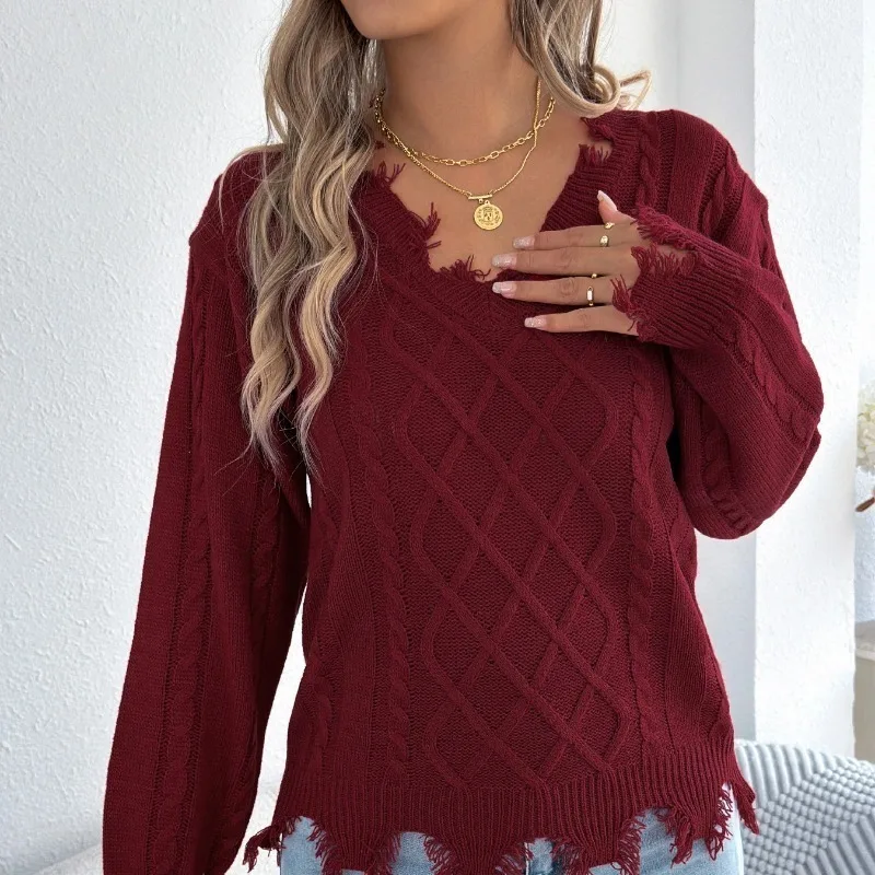 

2025 Women's V Neck Ripped Tassel Sweaters Autumn Winter Casual Solid Color Lantern Long Sleeve Twist Knitted Tops Orange Red