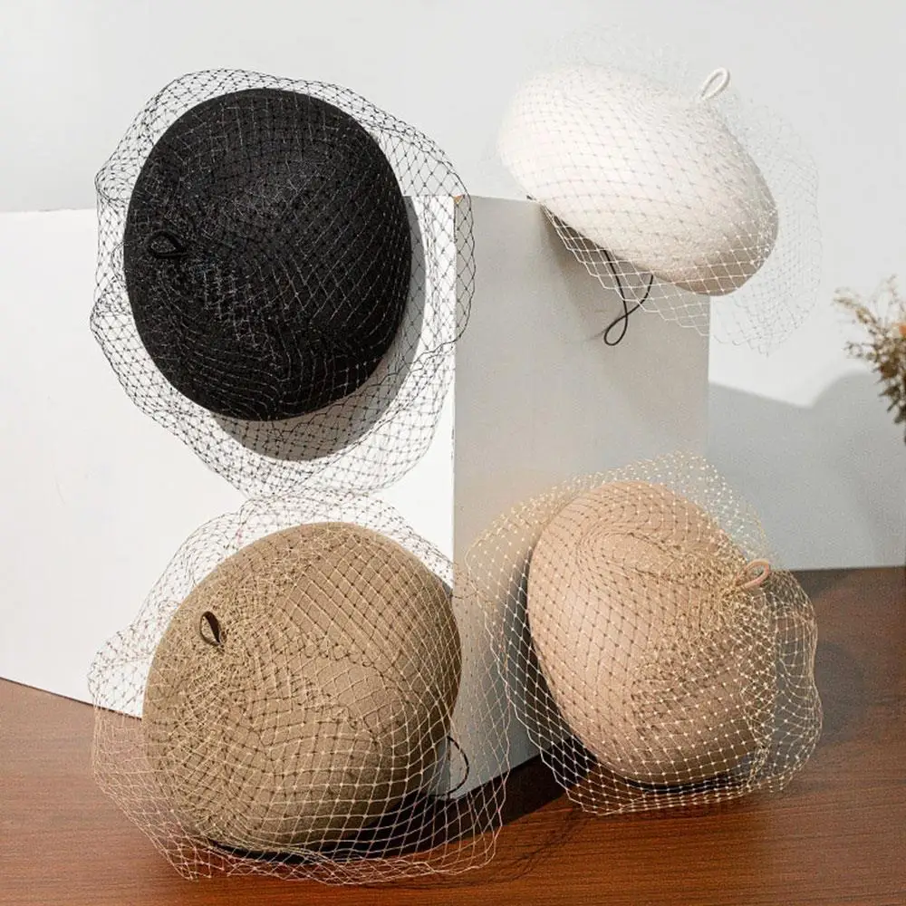 

Tulle White Berets Cap With Net Winter Hat Wool Hat Lace Beret Women Warm Vintage Elegant Playful French Female Painter Cap