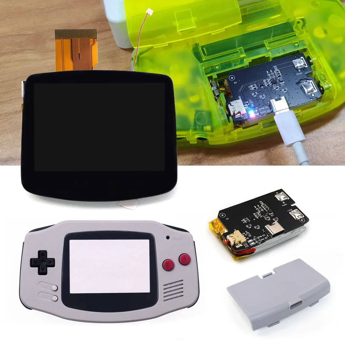 HISPEEDIDO Rechargeable for GBA V5 IPS HD 720x480 Drop-in Screen Kits No welding required Desaturation FRM OSD w/Shell