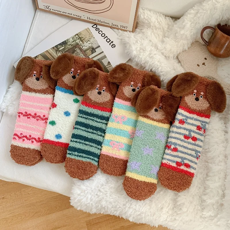 

6 Pairs Cute Puppy Plush Socks Winter Thickened Medium Tube Socks Sleep Socks Warm Home Floor Socks Winter Accessories