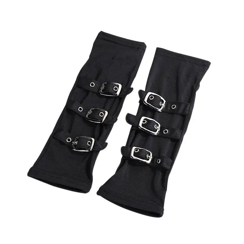 Women Half Finger Metal Buckle Belt Rivet Punk Hip Hop Party Cosplay Dance Mitten Black Fingerless Milk Silk Glove Cuff