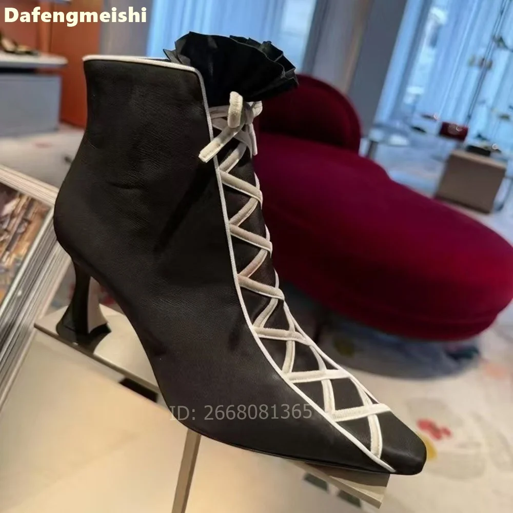 White Cross Lace-Up Trim Pointed Toe Black Ankle Boots Kitten Heel Style Women Retro Elegant Party Fashion Mid-Calf Boots