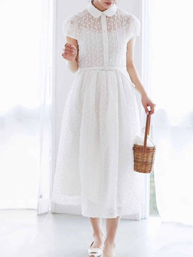 Robe blanche à fleurs texturales douces pour femmes, robe en mousseline de soie élégante, col claudine, taille mince, style japonais, été éducatif