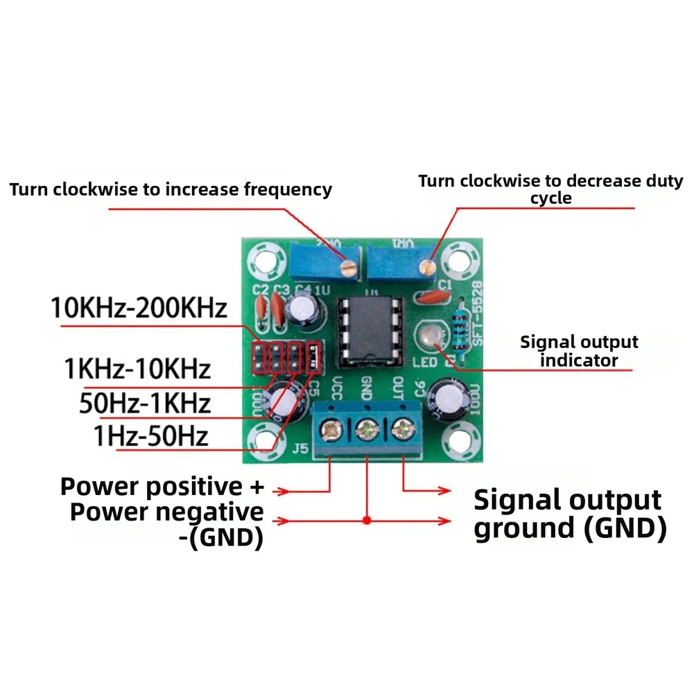 NE555 Pulse Generator PCB Module for Creating Custom Square Waveforms with Frequency Control and Variable Duty Cycle Capability
