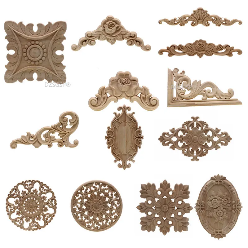 Mirror Frame Antique Woodcarving Natural Floral Wood Carved Wooden Figurines Crafts Appliques Wall Door Furniture Decorative