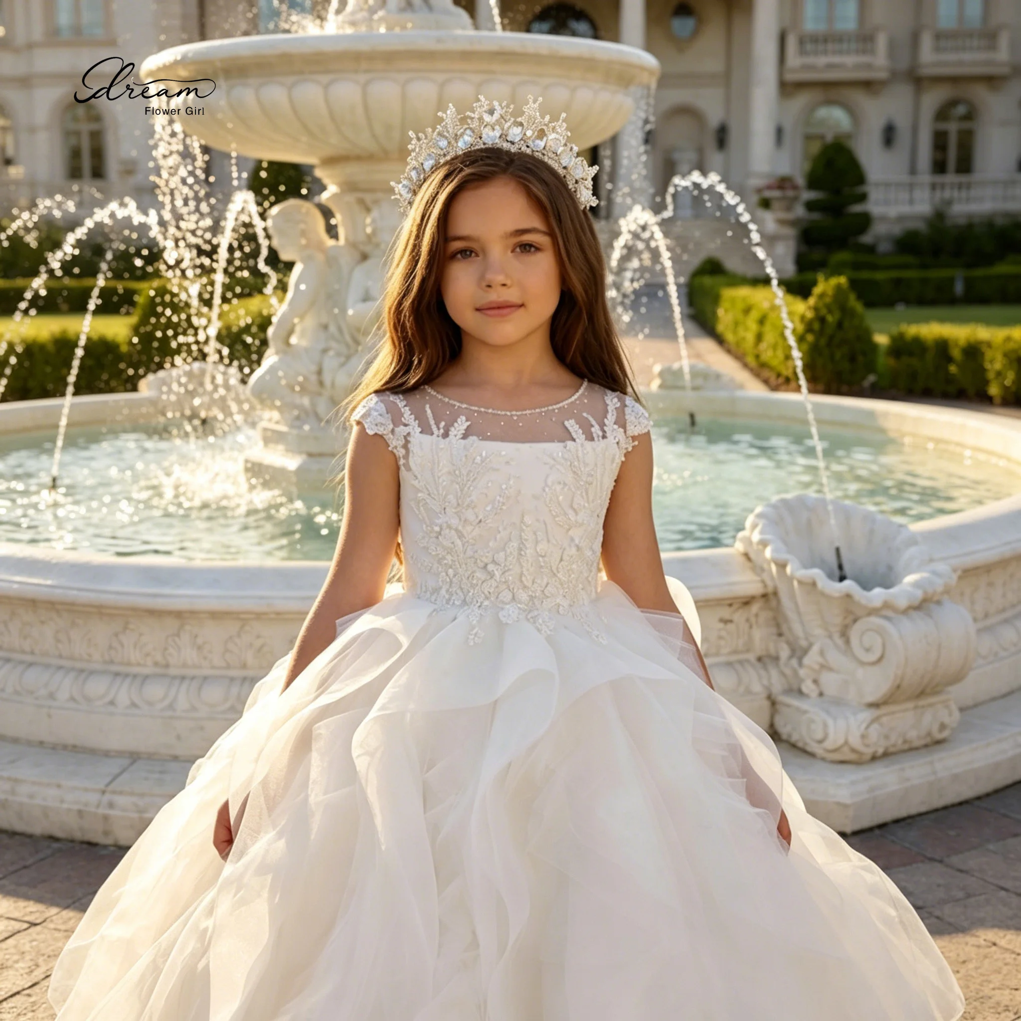 Formal Children's Gown White Sheer Tulle Short-Sleeve Floor Length Princess Dress with Lace Embroidery and Open Back
